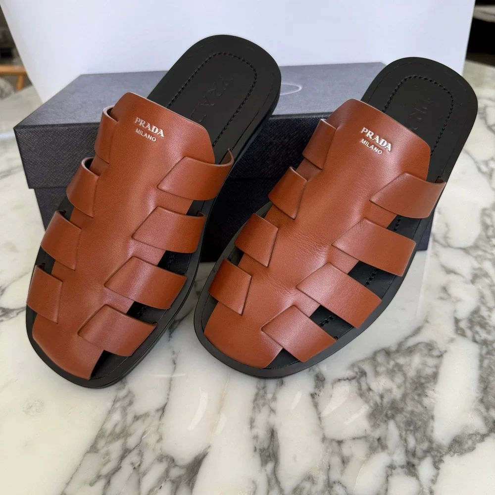 Prada 2X3145 Cognac Leather Fisherman's Mules Sandals Shoes, Sz. US 8.5 (UK 7.5)